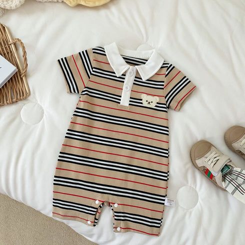 Vintage striped one-piece dress lapel Polo shirt baby handsome creeping suit