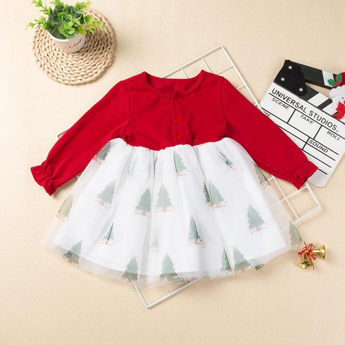 Christmas dress holiday dress printed Christmas tree children's dress