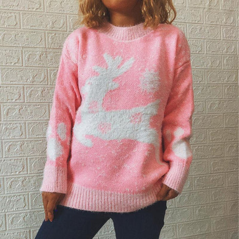 New Year Christmas Sweater Fawn Snowflake Crewneck Knit Pullover