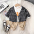 Boy's Plaid Cardigan Spring and Autumn Three-Piece Set