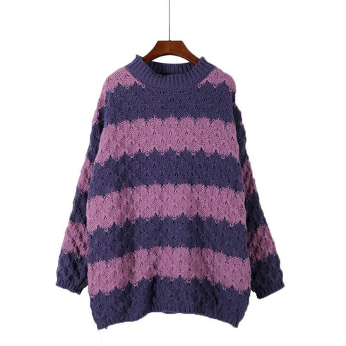 Fall and Winter Rhombus Contrast Stripe Spliced Loose Knit Sweater