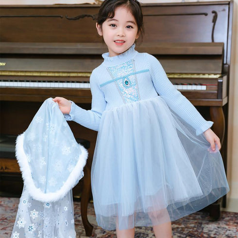 Girls' Winter Princess Dress Children's Mesh Dress Cloak Two-Piece sweater dress