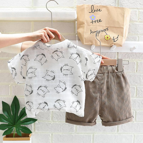 Cat Half Sleeve Shirt And Shorts Two Piece Set