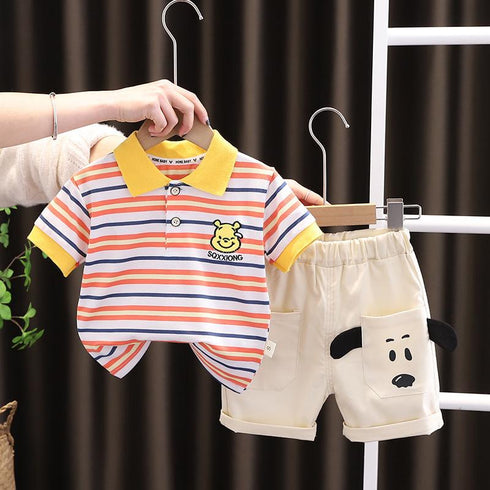 Children's bear stripe cartoon Polo Shirt Short Sleeve two-piece baby shorts