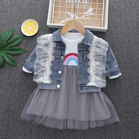 Casual Cowboy Coat Two Piece Set Baby Girl Round Neck Lace Dress Set