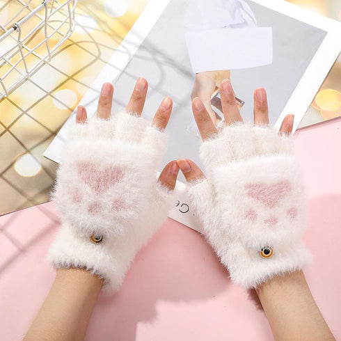 Bear's paw imitation mink cat's claw half finger flip writing warm gloves