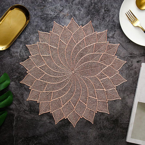 Fortune Leaf Round Table Mat Light Luxury Bronzing Western Food Mat Hollowed Out PVC Solid Color Heat Insulation Mat