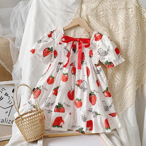 Girls Dress 2022 Summer New Girls Strawberry Print Dress Bow Princess Dress