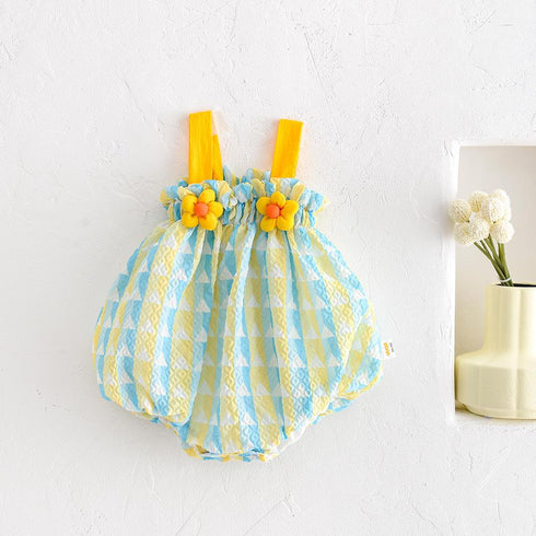 Three Dimensional Flower Stripe Suspender Lantern Jumpsuit