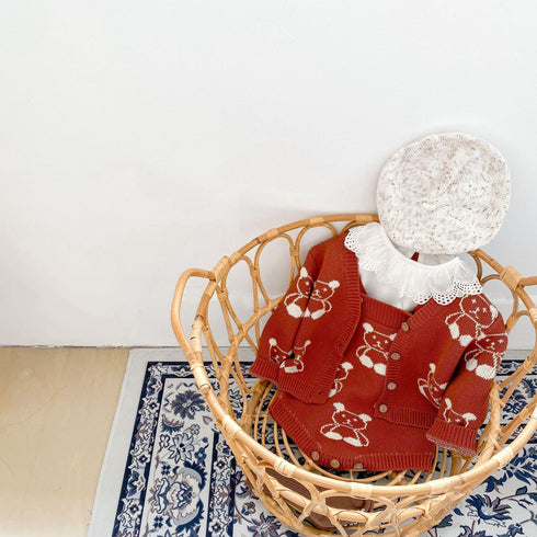 Bear-Print Cotton Knitted Harder Jacket Two-Piece Set