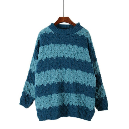 Fall and Winter Rhombus Contrast Stripe Spliced Loose Knit Sweater