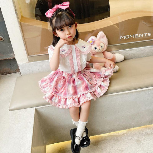 Girls New Short Sleeve Skirt Suit Girls Pleated Skirt Academy Style Princess Suit