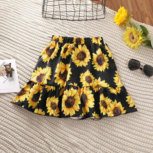Girl's Summer Sunflower Printed Top Skirt Two-Piece Set
