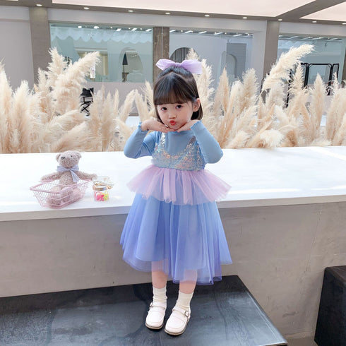 Girls Spring And Autumn Long Sleeve Gradient Rainbow Princess Dress