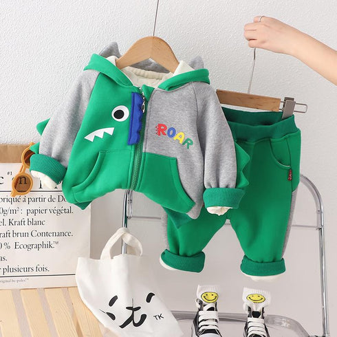 Winter children plus velvet hooded long sleeve suit two-piece set