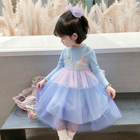 Girls Spring And Autumn Long Sleeve Gradient Rainbow Princess Dress