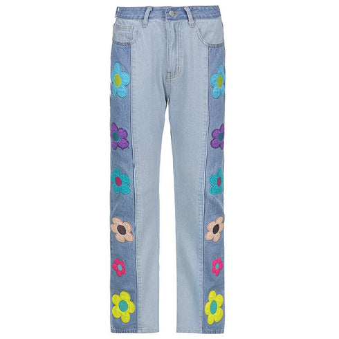 Side Color Blocking Pattern Flower High Waist Micro Horn Jeans