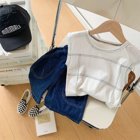 Children's Short Sleeve Denim Shorts Two Piece Set