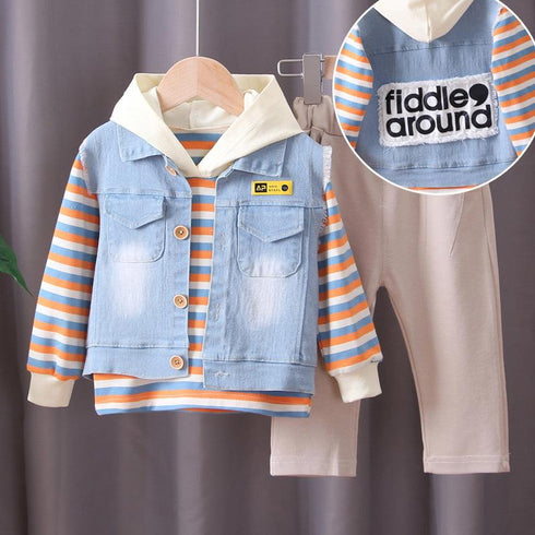 Three-piece set of denim waistcoat inside children's clothing stripes