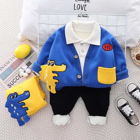 Autumn and winter boys plus velvet long sleeve three-piece suit