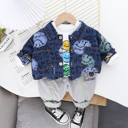 Boys Spring and Autumn Denim Coat Long Sleeve Three-Piece Set