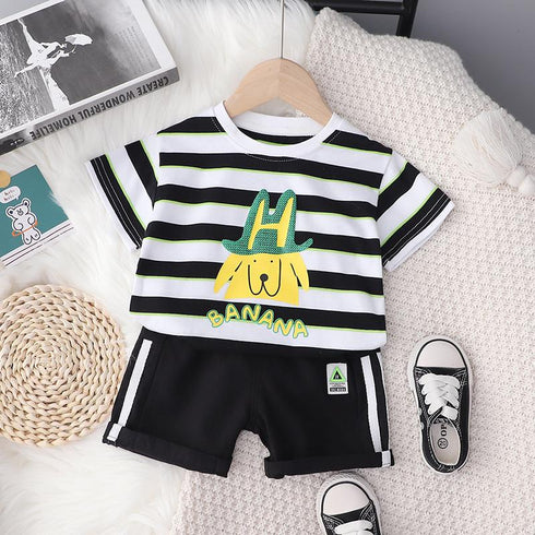 Round Neck Striped Short Sleeve Suit Sports Shorts Two-piece Set