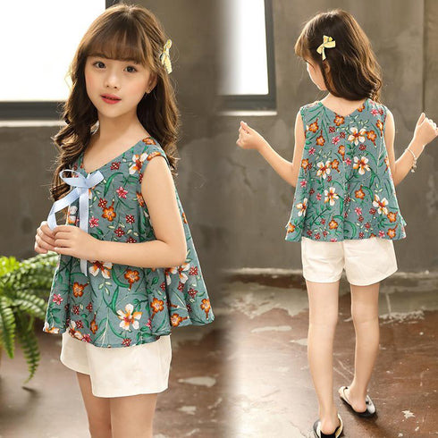 Girls Summer Broken Flower Bow Cotton Linen Vest Solid Color Shorts Two-piece Set