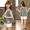 Girls Summer Broken Flower Bow Cotton Linen Vest Solid Color Shorts Two-piece Set