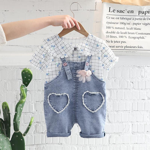 Cute little Plaid doll collar cotton shirt cowboy suspender two-piece set