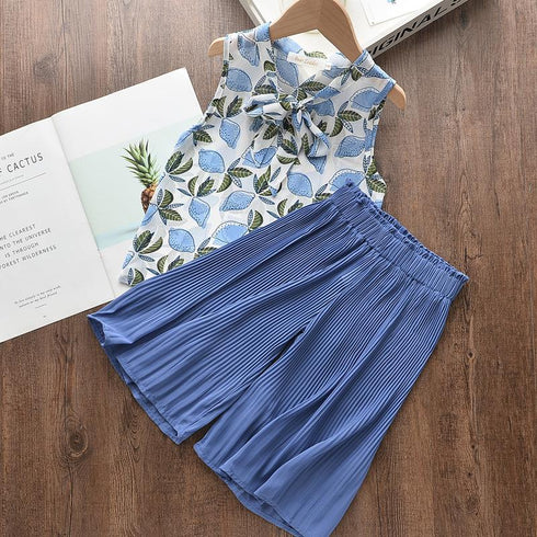 Summer Girl's Breathable Shirt Wide Leg Pants Set