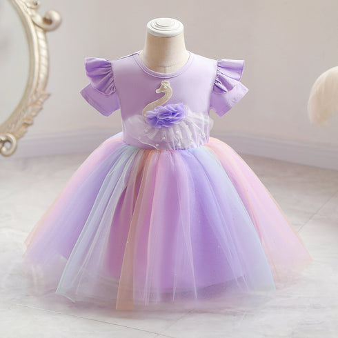 Girl's Dress Girl's Swan Rainbow Mesh Princess Dress