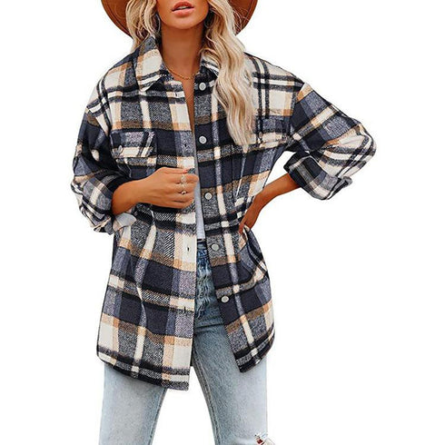 Long-Sleeve Loose Plaid Thickened Wool Jacket