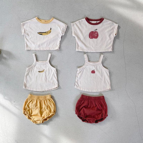 Summer Fruit Casual Three Piece Set Short Sleeve Suspender T-shirt Shorts Set