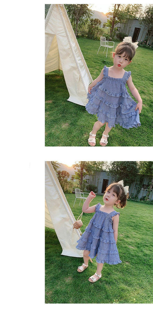 New Girls Summer Plaid Dress Girls Cake Dress Children's Clothing Suspender Skirt