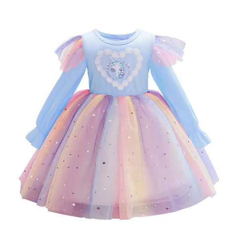 Girls' Dress Long Sleeve Unicorn Rainbow Sequin Mesh Princess Dress