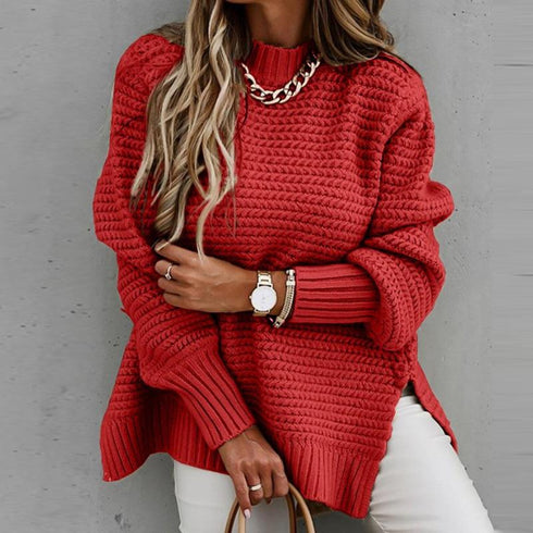 Autumn and winter half-height collar loose solid color long sleeve knit sweater