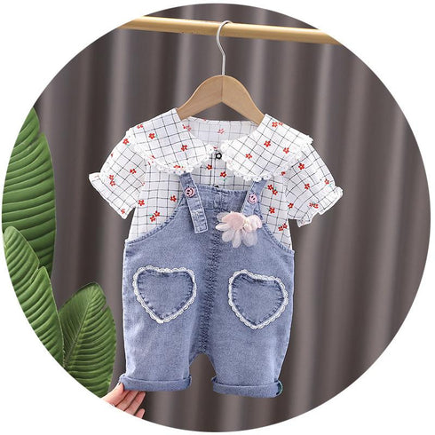 Cute little Plaid doll collar cotton shirt cowboy suspender two-piece set