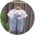 Cute little Plaid doll collar cotton shirt cowboy suspender two-piece set