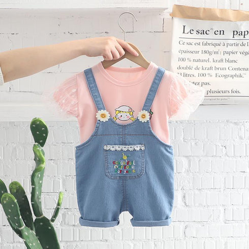 Cute Suspenders, Mesh Sleeves, Short Sleeves, Two-piece Set