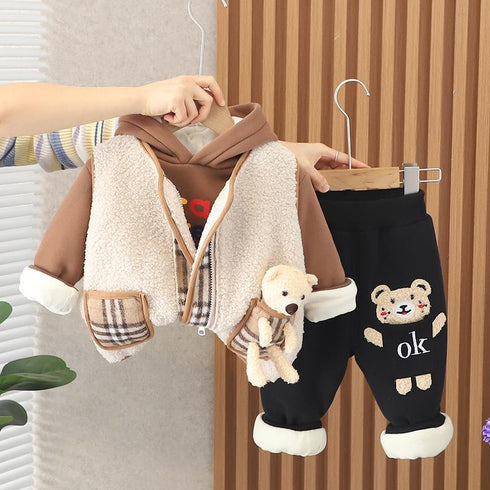 Winter boys thick hooded vests long sleeve three-piece set