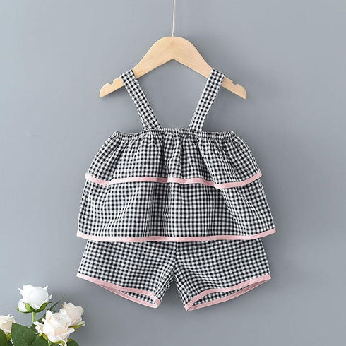 Summer Girls Sling Plaid Top Bow Shorts Set