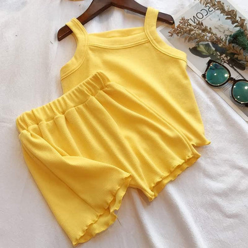 Girls Summer Wooden Ear Vest Shorts Set