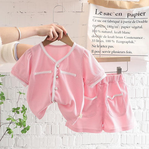 Little Girl Summer Dress Solid Color Small Fragrance Short Sleeved Suit