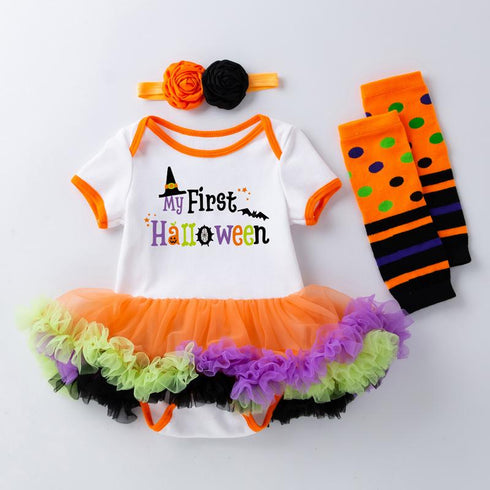 Halloween Baby Dress Printed Net Sand Dress, Exotic Cute Short Sleeved Dress And Socks Set