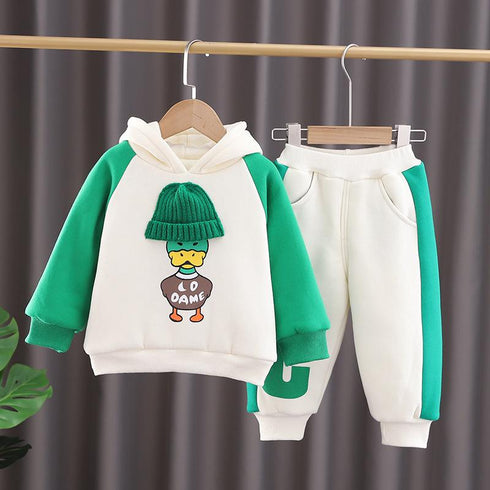 Winter cartoon children plus velvet padded hooded long sleeve pants two-piece set