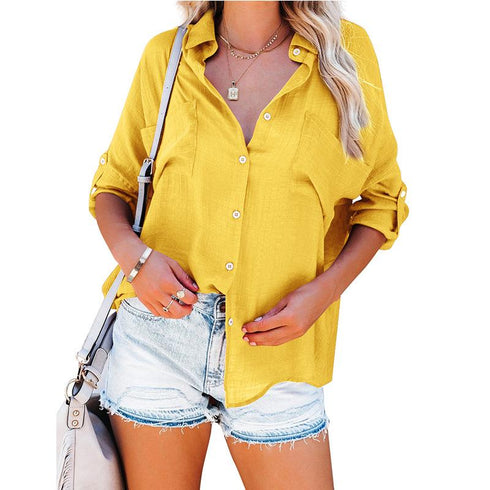 Beach blouse solid color single-breasted bat long sleeve shirt