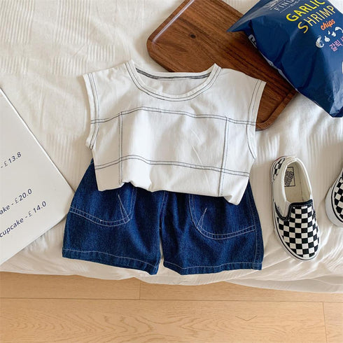 Children's Short Sleeve Denim Shorts Two Piece Set