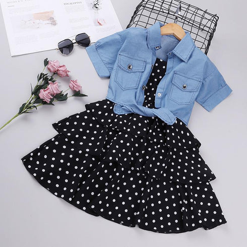 Girl's Short-Sleeve Denim Jacket Dot Skirt