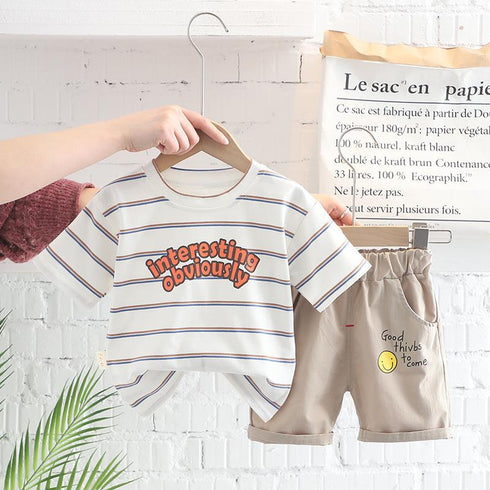 Round neck letter stripe short sleeve suit