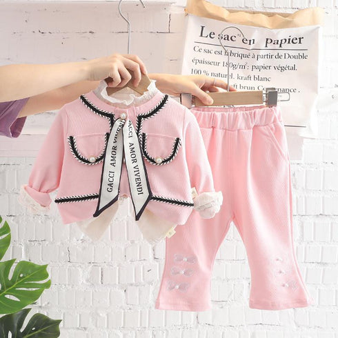 Silk Ribbon Small Fragrance Long Sleeve Set Baby Girl Casual Solid Color Pants Three Piece Set